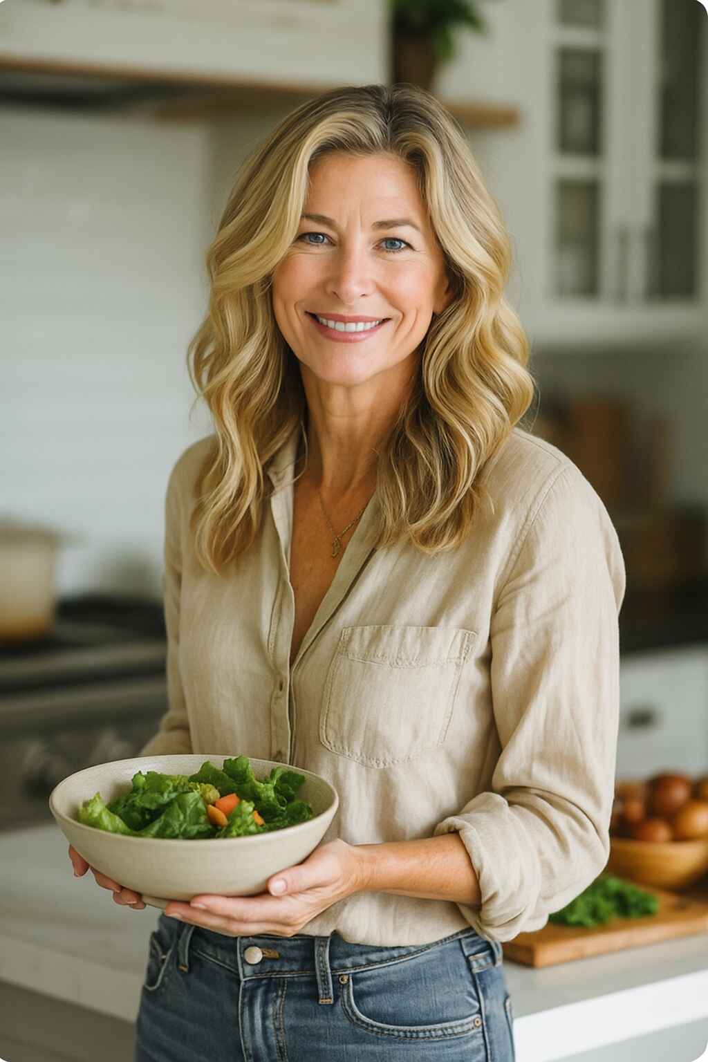 femme blonde avec salade