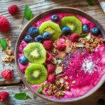 Pitaya smoothie bowl with toppings including kiwi, coconut, granola, and berries