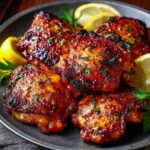Juicy baked boneless skinless chicken thighs on baking tray