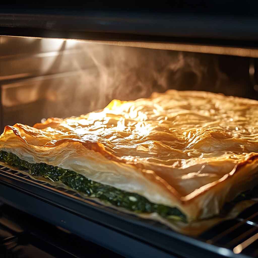 baking-spanakopita-in-oven.jpg spanakopita Greek spinach pie baking in oven