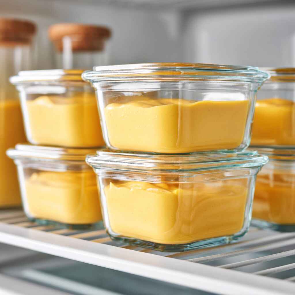 cheddar-sauce-stored-glass-container.jpg Stored cheddar cheese sauce