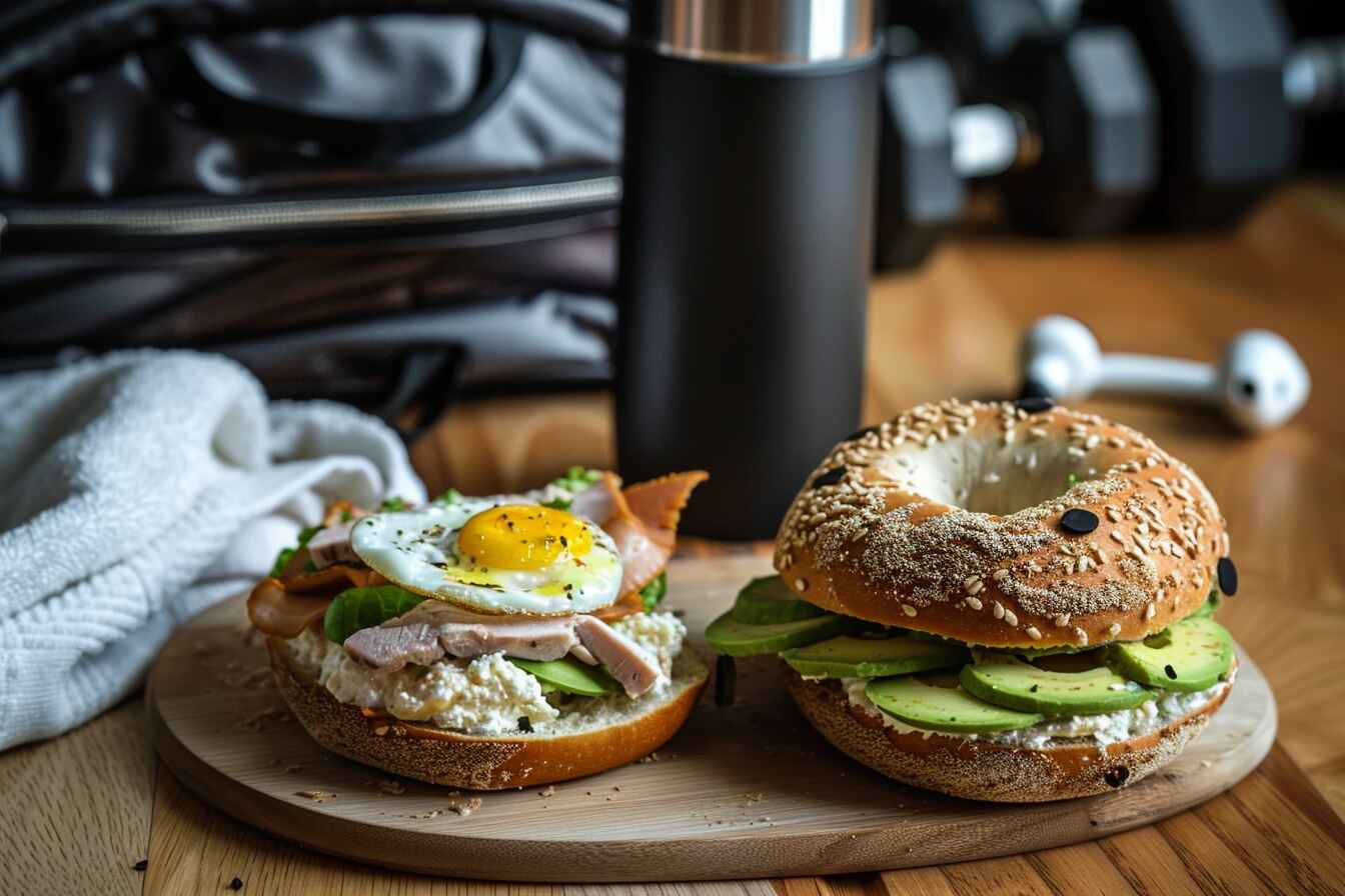 cottage-cheese-bagels-postworkout.jpg High-protein fitness meal with cottage cheese bagels and post-workout gear