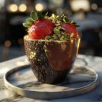 Dubai chocolate strawberry cup with gold leaf and pistachios