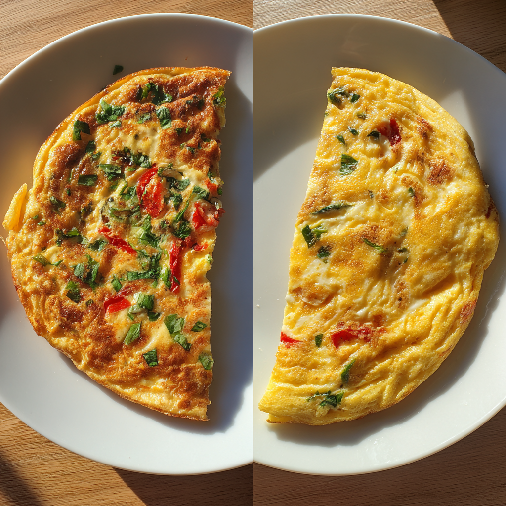 egg-white-frittata-vs-omelette.jpg egg white frittata next to egg white omelette on white plates
