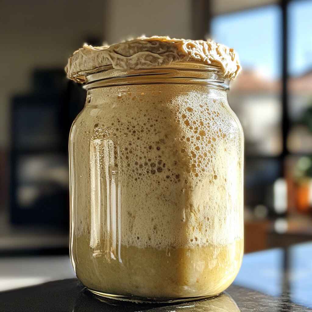gluten-free-sourdough-starter.jpg Active gluten free sourdough starter in glass jar