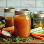 Homemade vegetable broth in a rustic jar