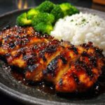 juicy grilled teriyaki chicken Panda Express with white rice and broccoli