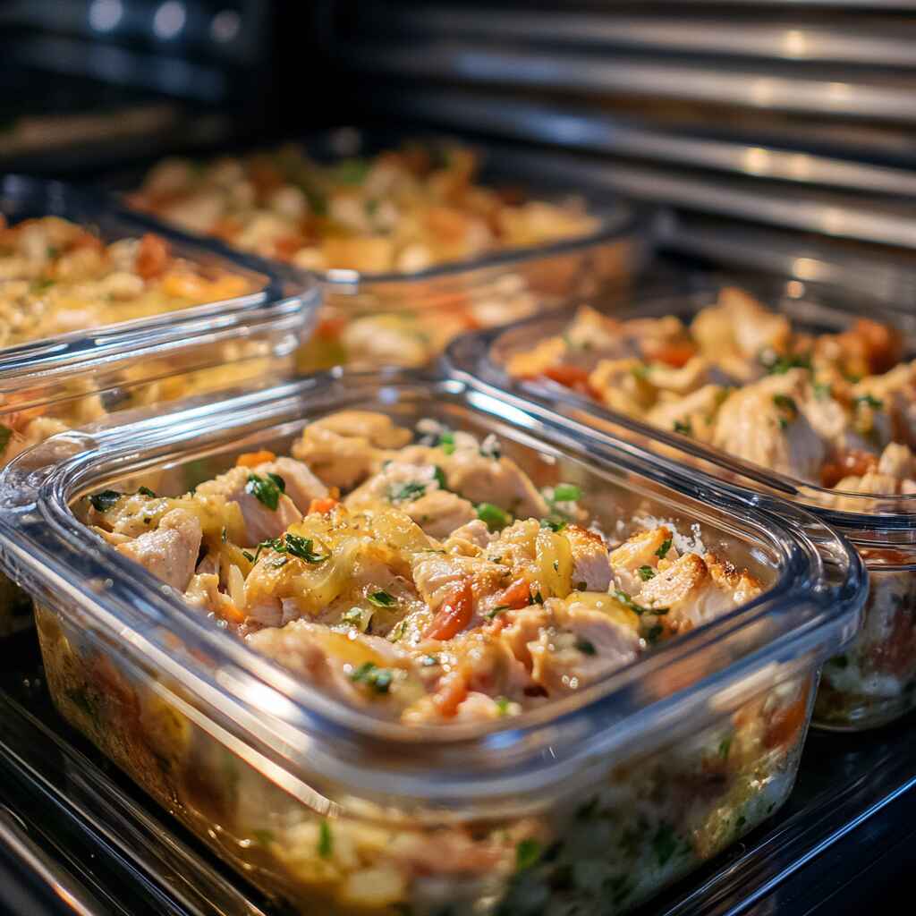 keto-chicken-casserole-mealprep.jpg Stored keto chicken casserole in fridge-ready containers