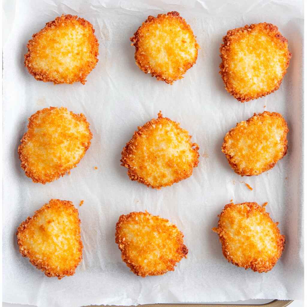 keto-chicken-nuggets-baked.jpg Freshly baked keto chicken nuggets on parchment paper