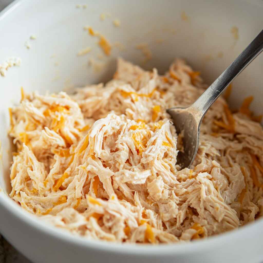 keto-chicken-nuggets-filling-prep.jpg Shredded chicken mixed with cheese in a white bowl for keto chicken nuggets