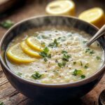 Lemon rice soup Greek recipe served hot with lemon slices