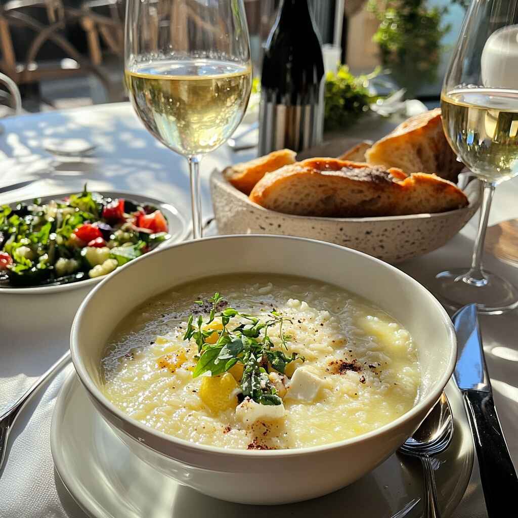 lemon-rice-soup-meal-pairing-greek-recipe.jpg Greek lemon rice soup meal with salad and bread