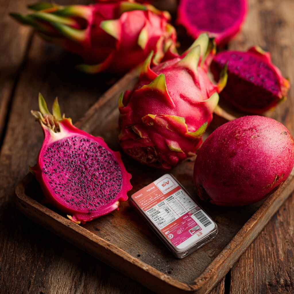 pitaya-nutrition-label.jpg Pitaya nutrition facts with cut fruit