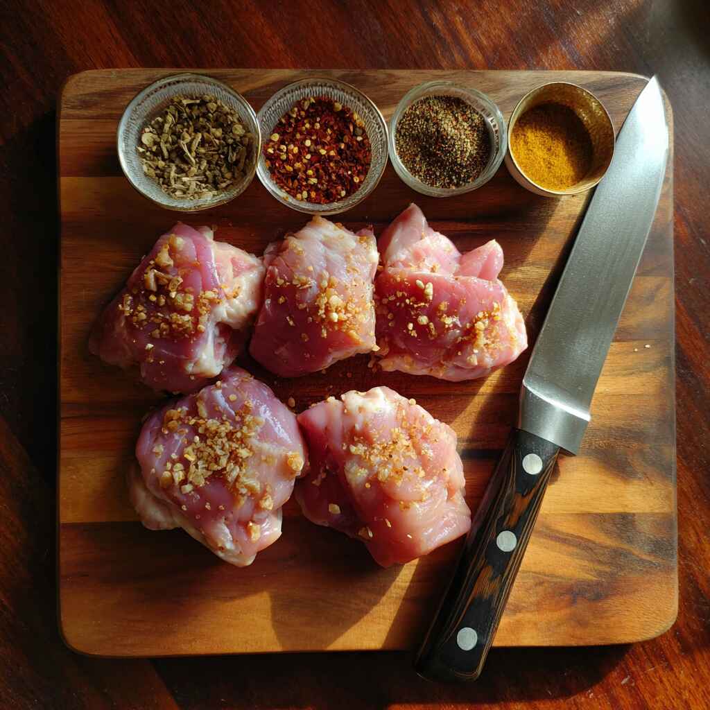 prepping-boneless-skinless-thighs.jpg Prepping boneless skinless chicken thighs with spices