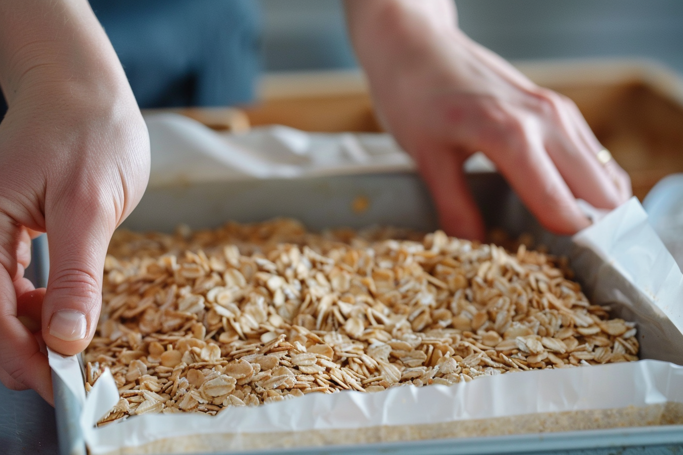 pressing-no-bake-chocolate-oat-bars.jpg Pressing no bake chocolate oat bar mixture into pan