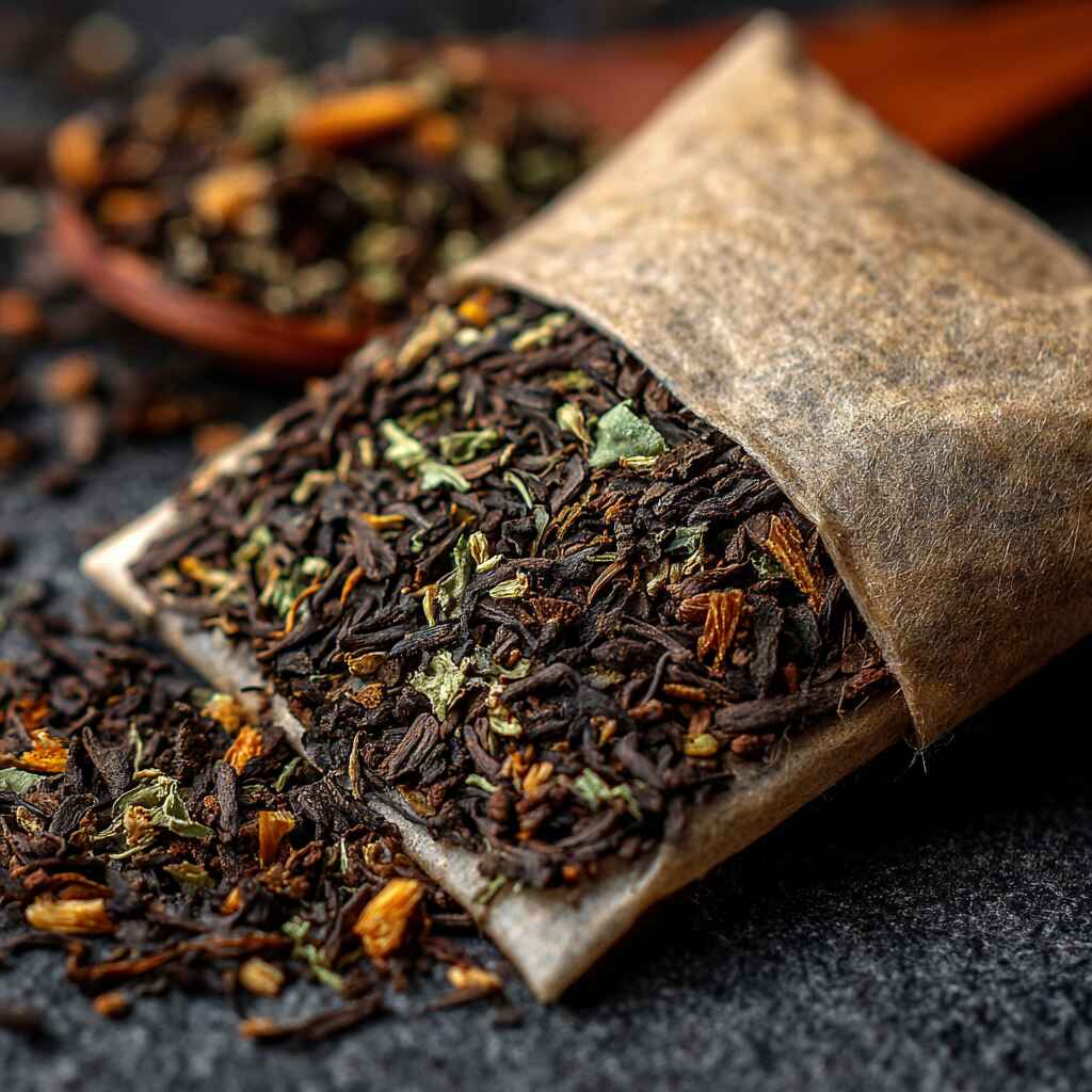 pukka-tea-vanilla-chai-blend.jpg dried herbal blend inside pukka tea vanilla chai tea bag
