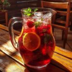 Glass of raspberry iced tea with lemon and mint