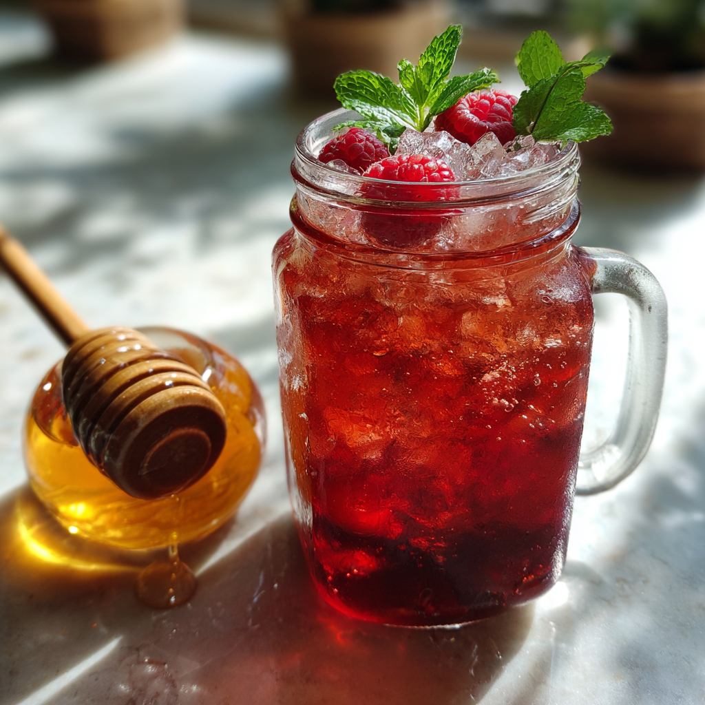 raspberry-iced-tea-honey-recipe.jpg Raspberry iced tea in mason jar with honey