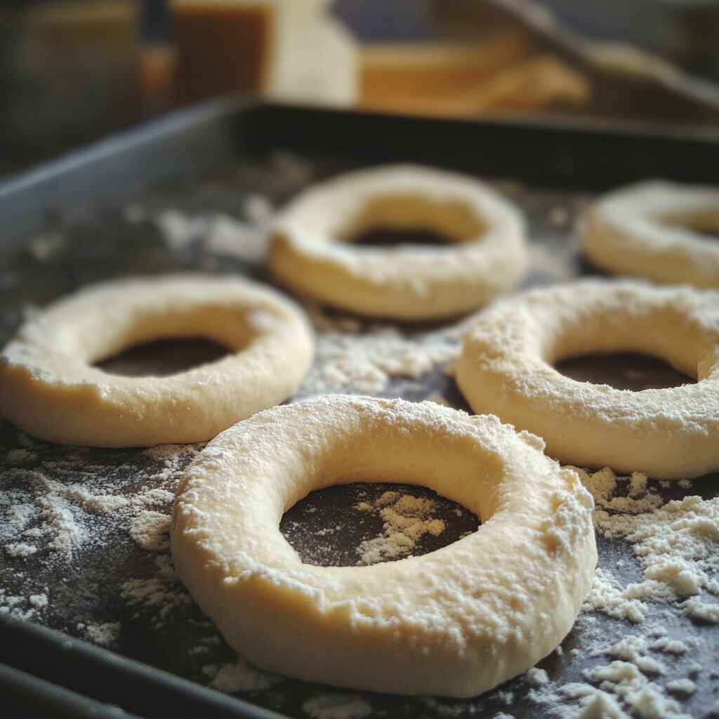 shaping-cottage-cheese-bagels.jpg Cottage cheese bagel dough on baking tray
