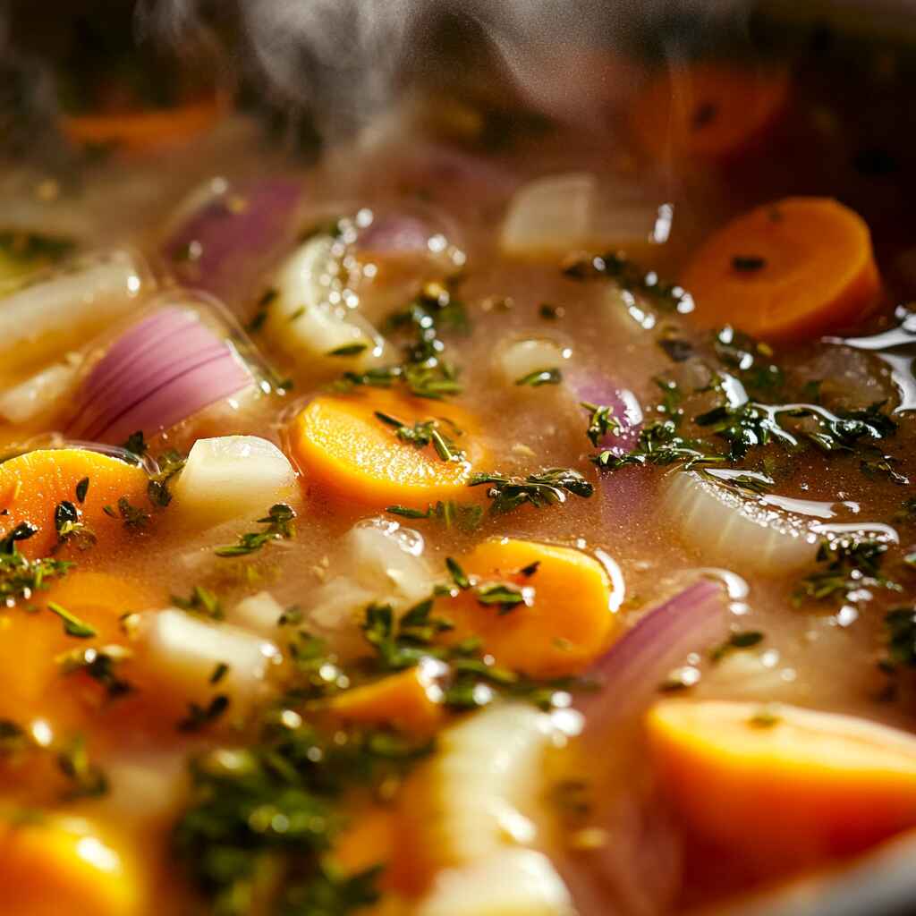 simmering-vegetable-broth-closeup.jpg Simmering vegetable broth with carrots and herbs