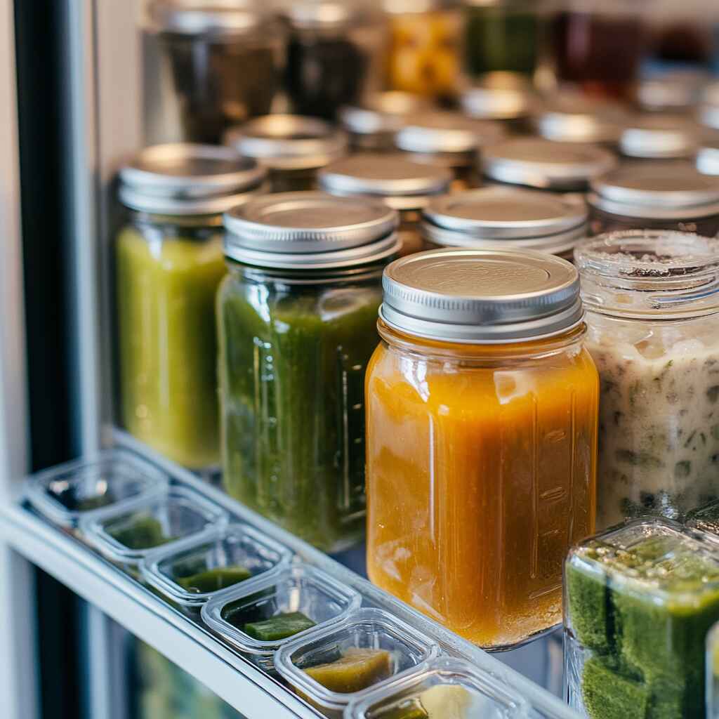 storing-vegetable-broth-in-fridge.jpg Stored vegetable broth in mason jars