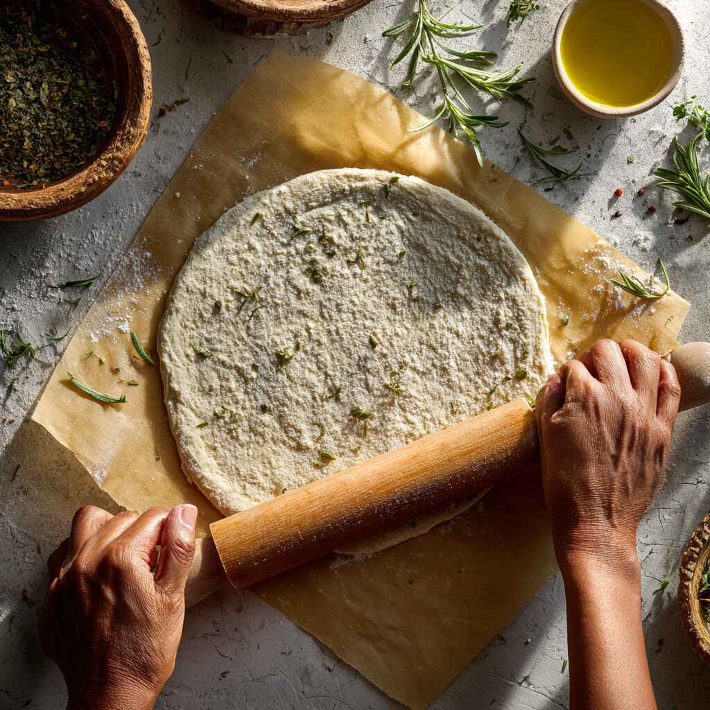 u7283533126_A_close-up_image_of_hands_rolling_out_a_round_glu_a9e18925-c96a-4985-9251-fdac16900d33_1 Rolling out gluten-free pizza dough on parchment paper