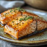 Honey mustard marinade salmon with golden glaze