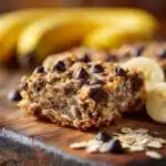 close-up of banana oat bar with chocolate and oats