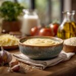 Healthy cheddar cheese sauce in a ceramic bowl with fresh ingredients