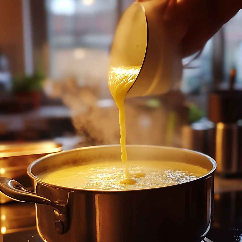 Pouring lemon-egg mixture into Greek lemon rice soup adding-avgolemono-to-soup-greek-recipe.jpg