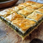freshly baked spanakopita Greek spinach pie on a wooden table