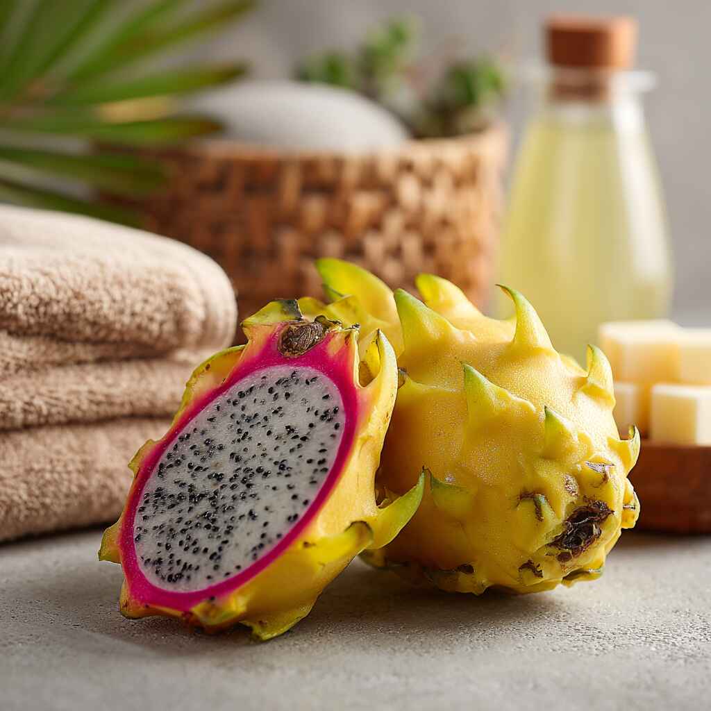 u7283533126_Close-up_of_pitaya_yellow_dragon_fruit_in_a_skinc_5d6b1fbc-cbc7-44fc-991b-9af0b74536ce_0 pitaya yellow dragon fruit used in natural skincare products