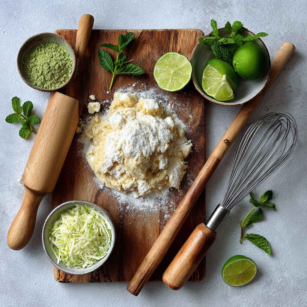 mojito-cookie-prep-zero-proof. Tools and ingredients to make zero-proof cocktail cookies