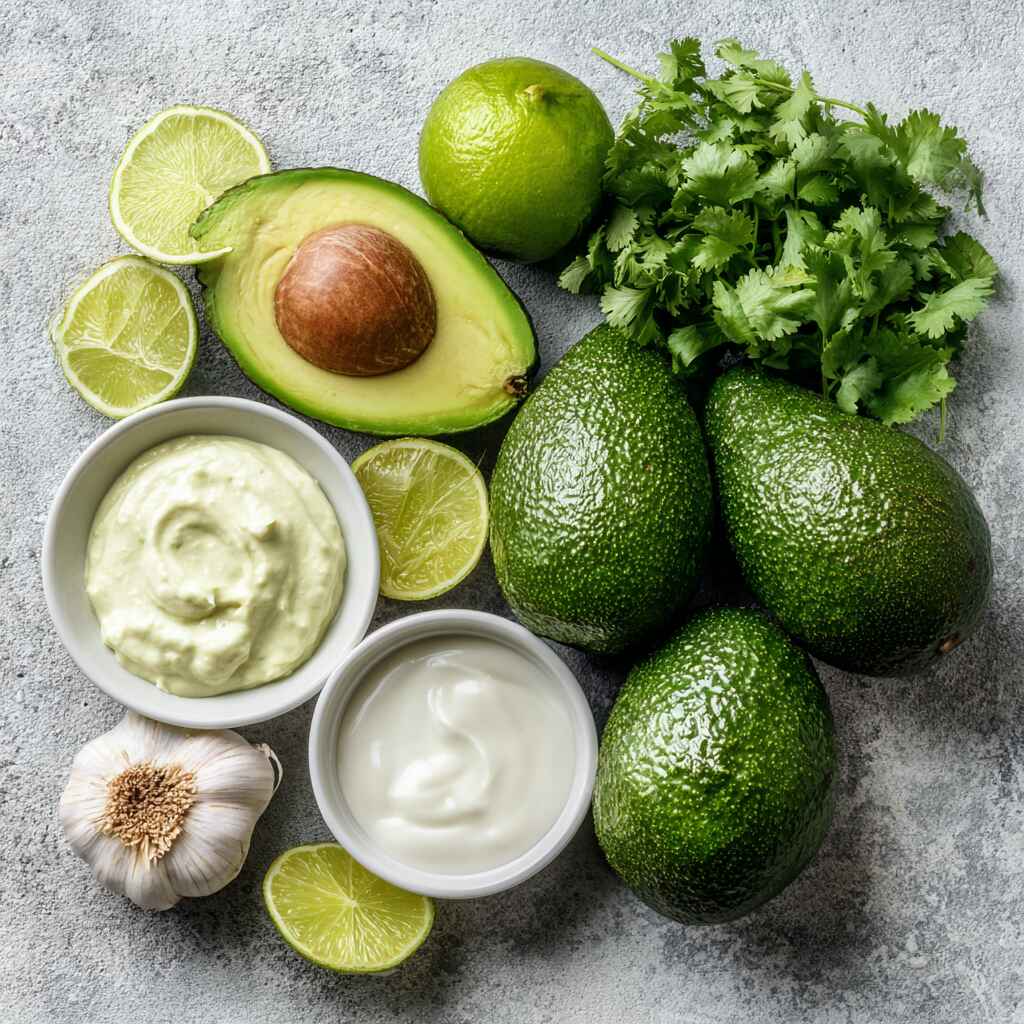 avocado-crema-ingredients. Ingredients for avocado crema recipe laid out
