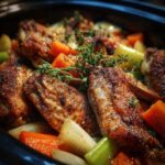 Slow cooked turkey wings in a crockpot with vegetables