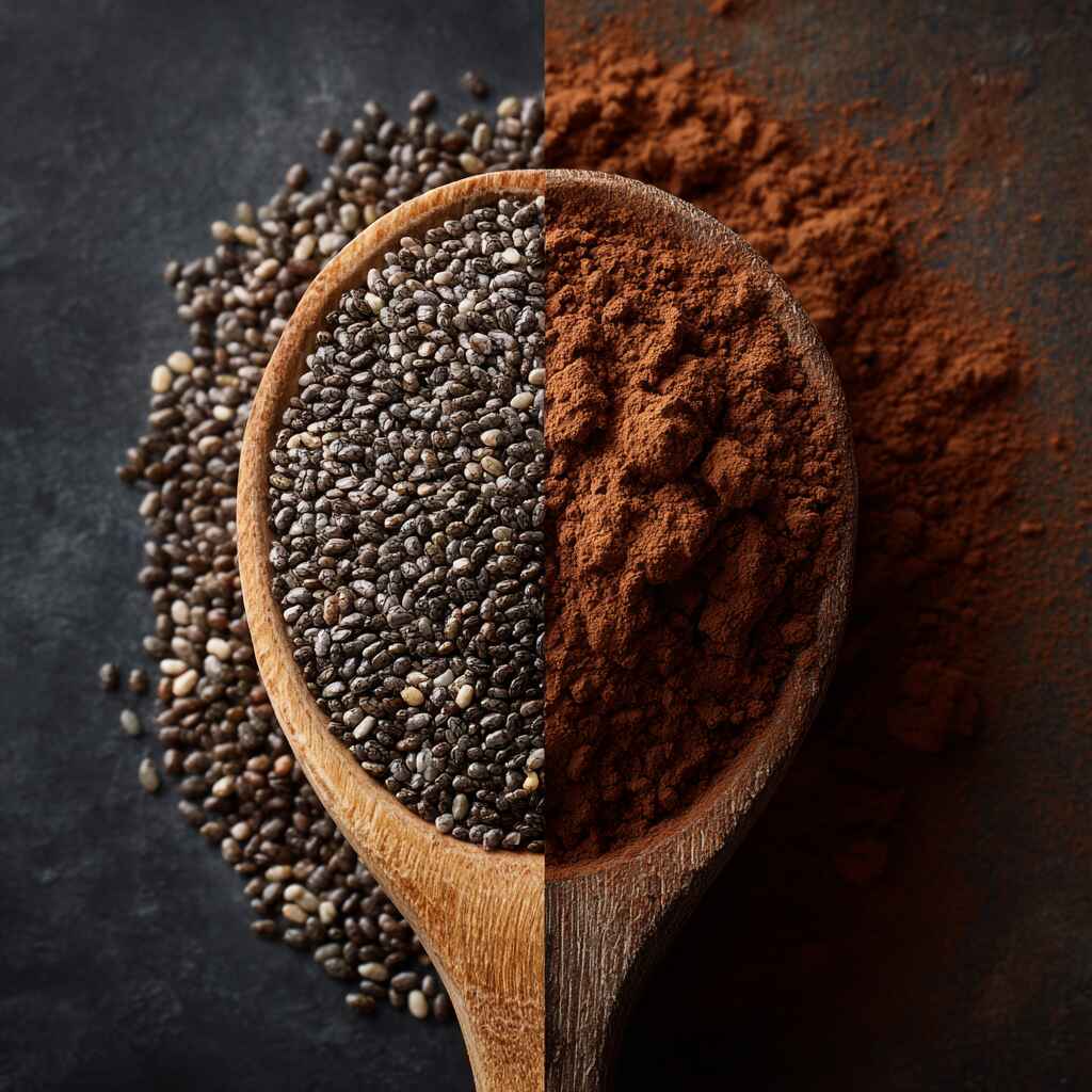 Chia seeds and cocoa powder for healthy chocolate pudding Chia seeds and cocoa powder for healthy chocolate pudding