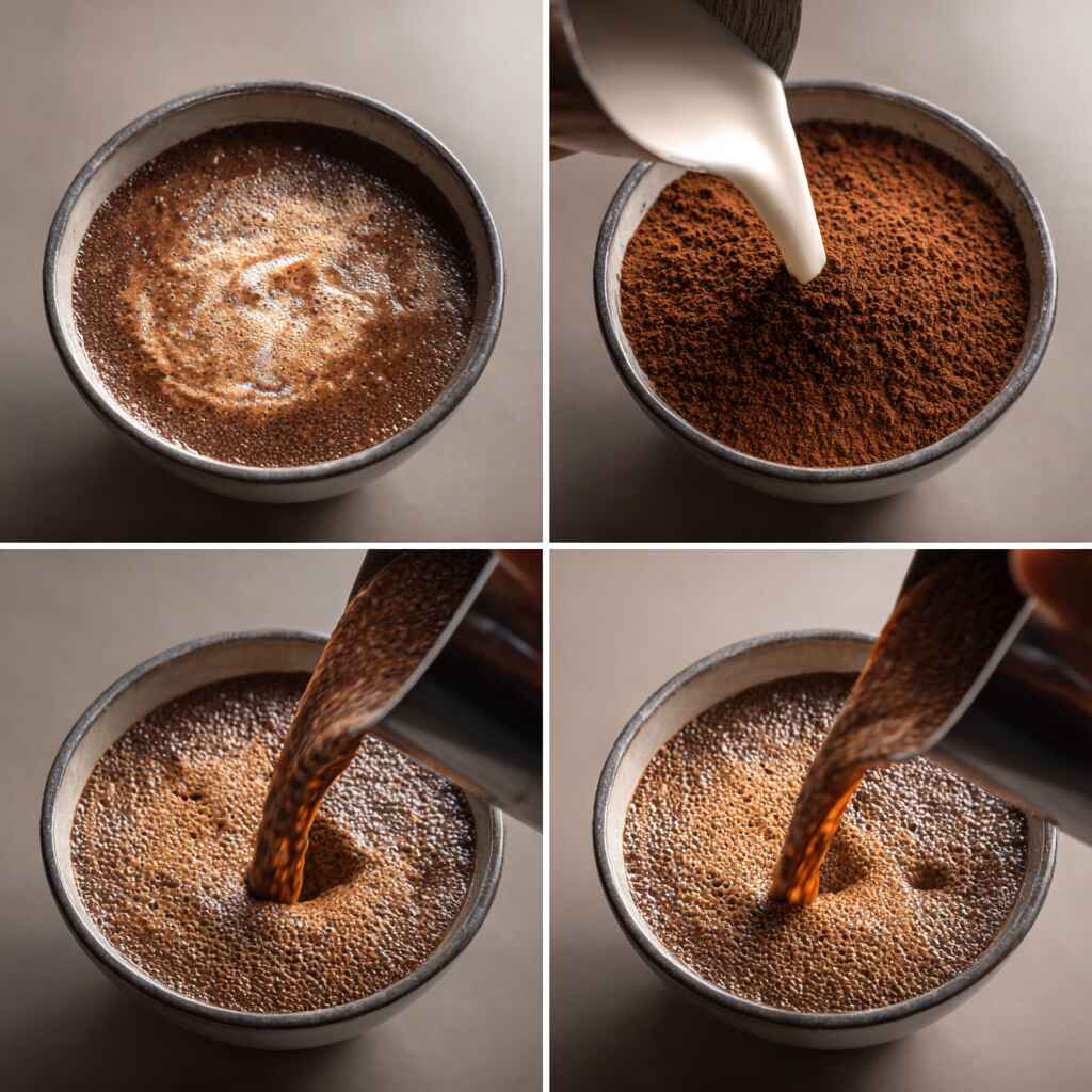 mixing-chocolate-chia-pudding. Mixing chocolate chia pudding with almond milk