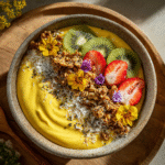 ellow pitaya smoothie bowl with fruit, granola, chia, and coconut toppings in a ceramic bowl