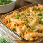 Dump-and-Bake Buffalo Chicken Pasta in a baking dish