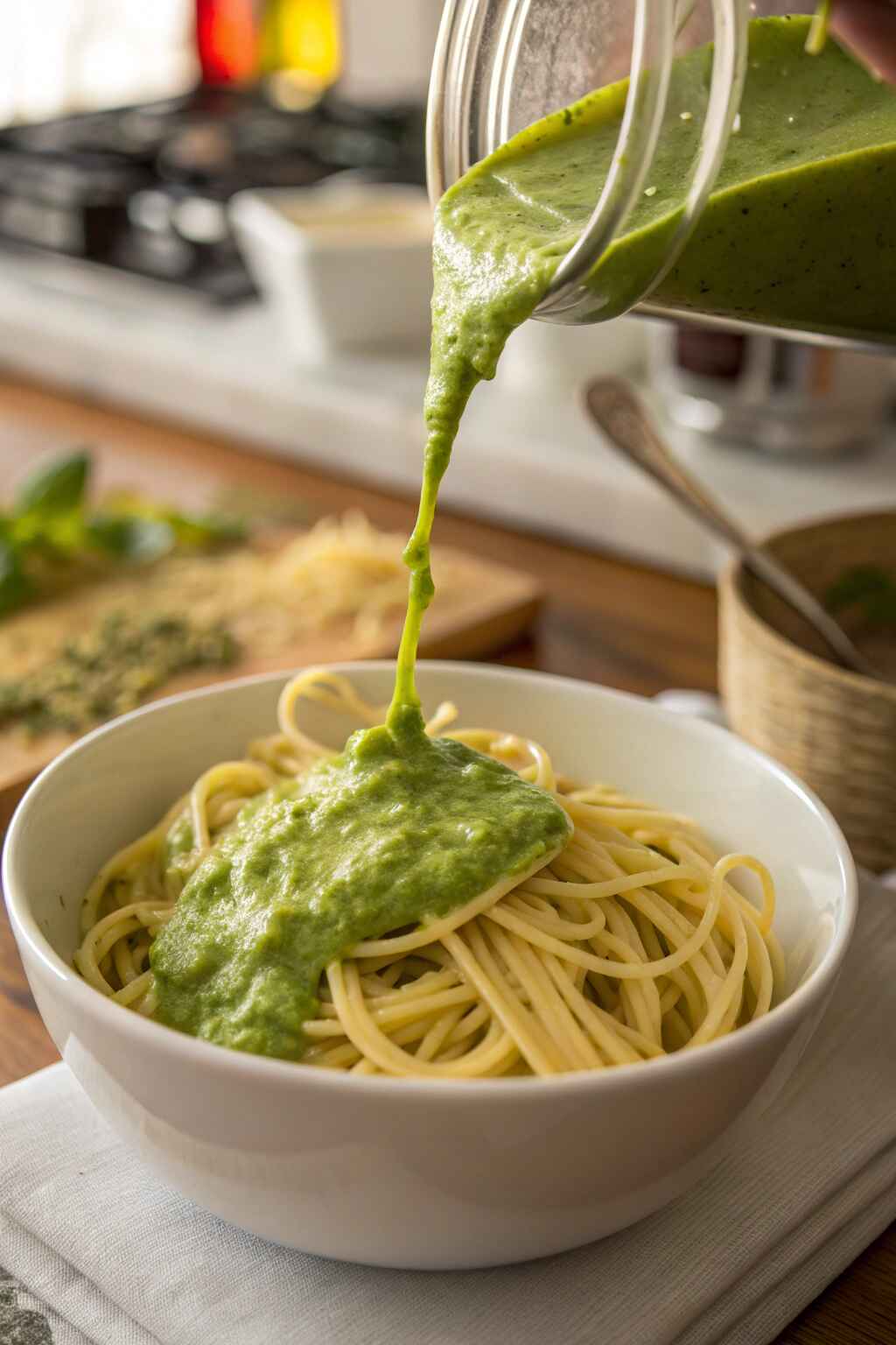 Blended green sauce being poured over spaghetti Blended green sauce being poured over spaghetti