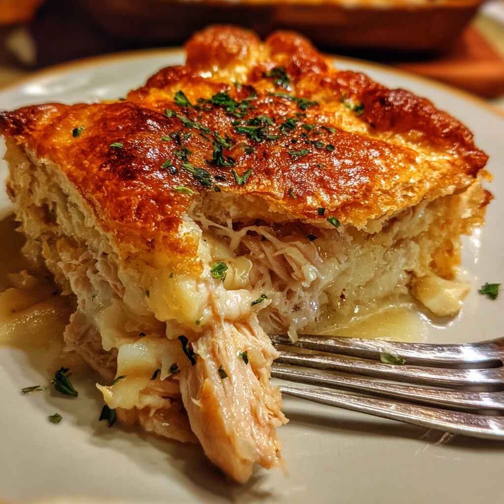 Sliced chicken cobbler casserole showing filling and topping Sliced chicken cobbler casserole showing filling and topping