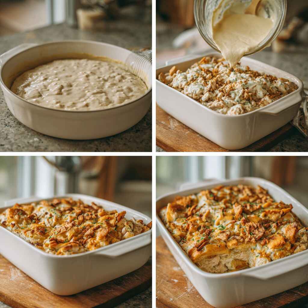 Steps showing how to make chicken cobbler casserole Steps showing how to make chicken cobbler casserole