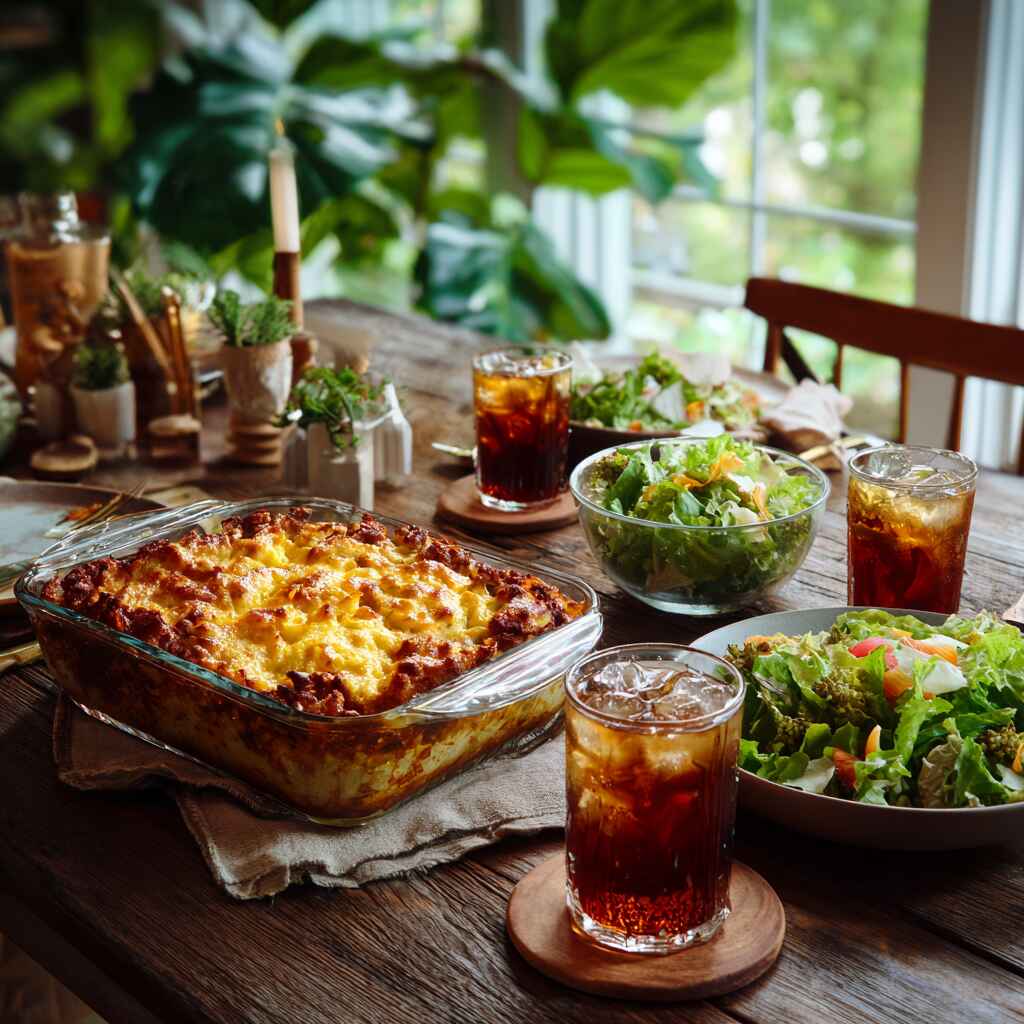 Chicken cobbler casserole served with salad and drinks Chicken cobbler casserole served with salad and drinks
