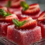 Fluffy Strawberry Protein Jello served in a glass bowl