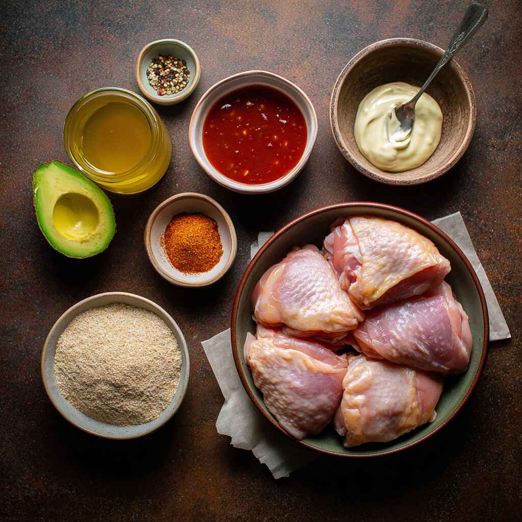 Keto Bang Bang Chicken raw ingredients on countertop Keto Bang Bang Chicken raw ingredients on countertop
