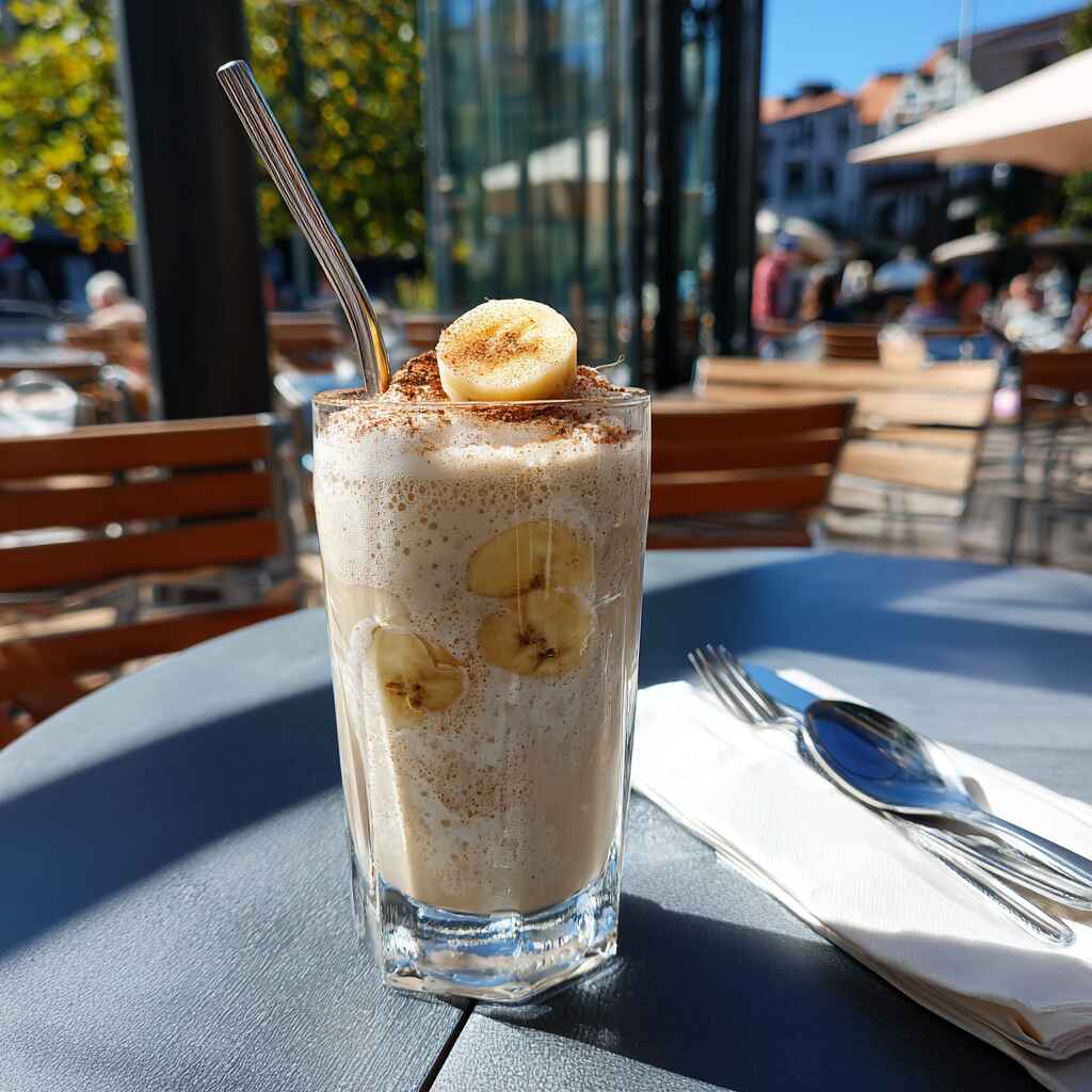 iced banana bread latte in tall glass iced banana bread latte in tall glass