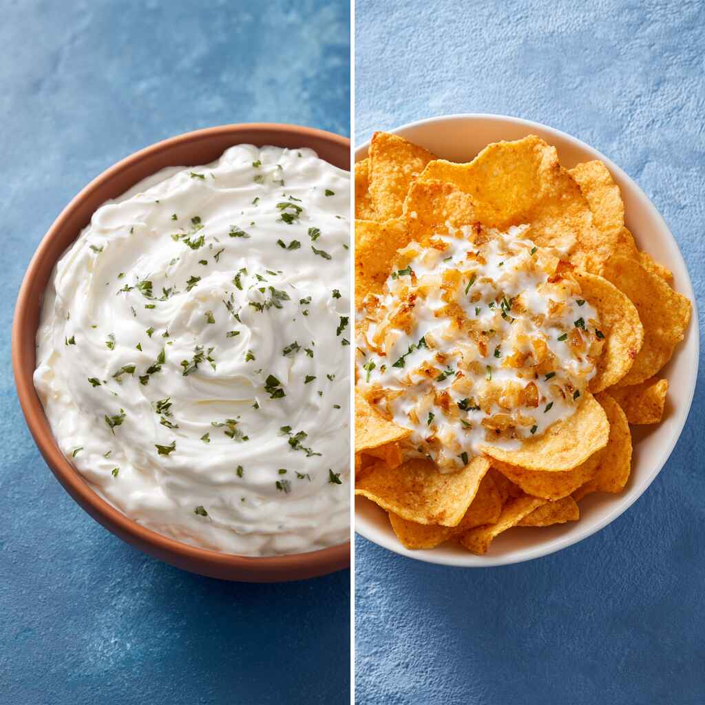 Healthy French onion dip vs traditional sour cream dip Healthy French onion dip vs traditional sour cream dip