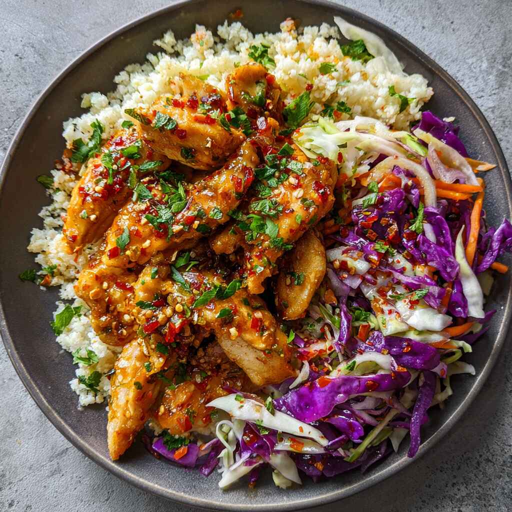 Bang Bang Chicken with low-carb sides cauliflower rice and slaw Bang Bang Chicken with low-carb sides cauliflower rice and slaw