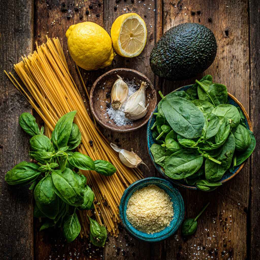 Fresh ingredients for green spaghetti on wooden counter Fresh ingredients for green spaghetti on wooden counter