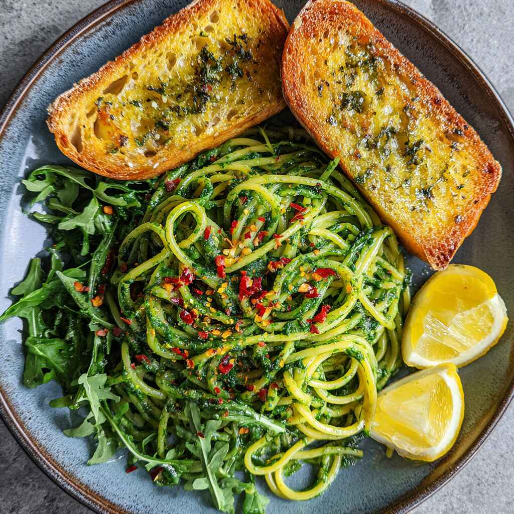 Plate of green spaghetti with salad and garlic bread Plate of green spaghetti with salad and garlic bread